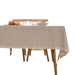 Rectangular beige cotton linen tablecloth with pink cherry print and white lace trim