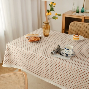 Pastel cream cotton linen tablecloth with strawberry prints and white lace borders