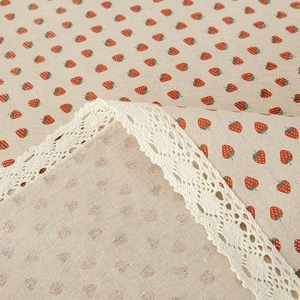 Pastoral strawberry print cotton linen tablecloth with white crochet lace border decoration