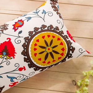Detail of bohemian sunflower cotton linen pillowcase with vibrant floral patterns
