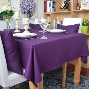 Solid deep purple cotton linen tablecloth set for rectangular dining table decoration