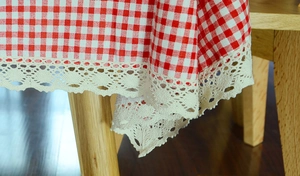 Close-up of red gingham tablecloth featuring elegant white crochet lace embroidery edge