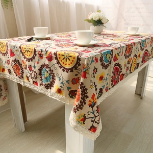 Bohemian Ethnic Sunflower Mandala Pattern Cotton Linen Tablecloth Rectangular With Lace Edge Home Kitchen Dining Table Decor
