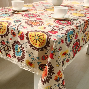 Bohemian linen tablecloth with mandala patterns and white lace trim for dining decor
