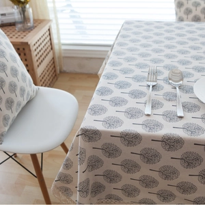 Linen blend cushion cover and tablecloth set with gray tree pattern and lace trim