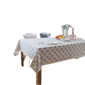 Modern rectangle cream tablecloth with grey forest pattern and wide lace trim