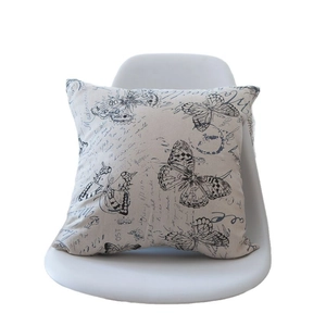 Linen canvas throw pillow cover featuring vintage butterfly and French letter print