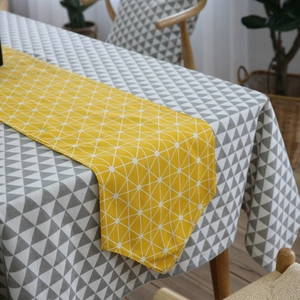Modern geometric table runner and tablecloth set in yellow and grey cotton linen