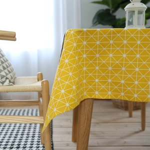 Modern yellow cotton linen tablecloth with white geometric triangle and dot patterns