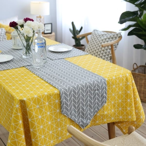 Modern yellow geometric cotton linen tablecloth with grey herringbone table runner set