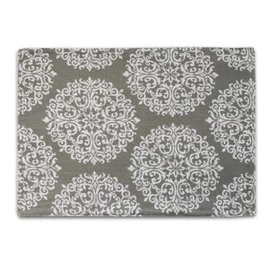 Detailed texture of cotton linen placemat with white mandala floral pattern on grey fabric
