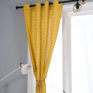 Modern yellow geometric cotton linen curtains with metallic grommets and tassel tiebacks