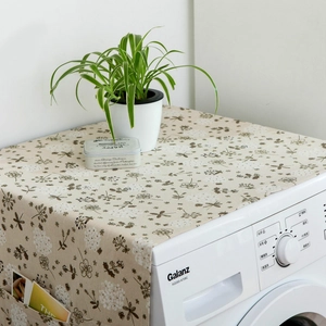 Linen floral washing machine cover with side storage pockets and dragonfly print pattern