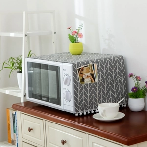 Nordic Cotton Linen Microwave Dust Cover With Side Storage Pockets And Pom Poms Tassel Geometric Pattern Oven Protective Cloth