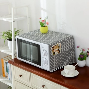 Nordic cotton linen microwave dust cover with grey geometric patterns and side storage pockets