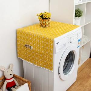 Geometric Cotton Polyester Washing Machine Cover With Side Storage Pockets Pompom Trim Refrigerator Dustproof Top Cloth