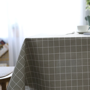 Minimalist grey plaid linen tablecloth with white grid pattern for modern home dining