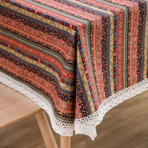 Ethnic bohemian cotton linen tablecloth with geometric patterns and white lace edges