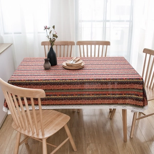 Bohemian linen cotton rectangular tablecloth with ethnic stripes and lace border