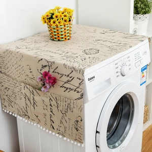 Retro French Style Cotton Linen Dust Cover With Side Storage Pockets Pom Pom Fringe For Refrigerator Washing Machine
