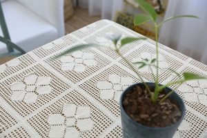 Detail of hand-crocheted hollow floral lace tablecloth in creamy white vintage style