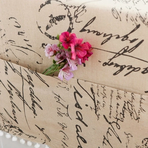 Linen dust cover with pocket, letter print and white pompom trim for refrigerator