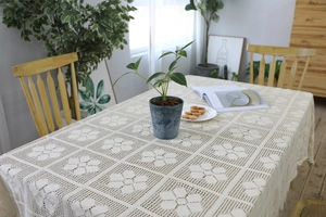 Detailed close-up of retro crochet lace tablecloth with intricate floral hollow patterns