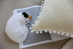Detail of warm gold square pillow with white pom pom fringe and cute plush cat
