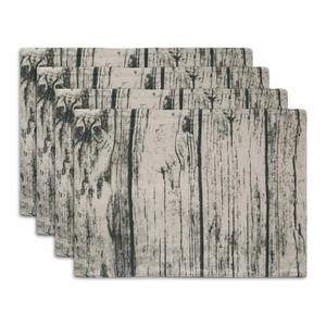 Detailed close-up showing four rectangular bohemian place mats with realistic wood grain texture
