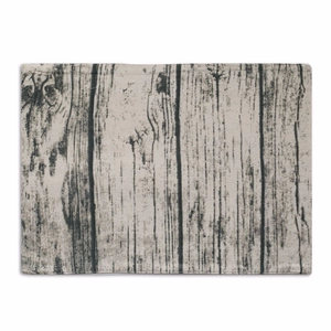 Close-up of rectangle placemat with vintage grey wood grain print and detailed stitching