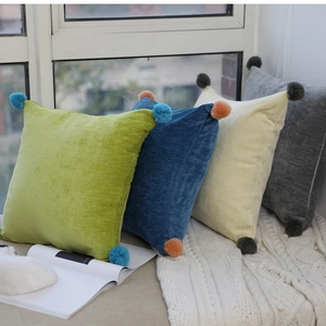 Nordic Style Soft Velvet Pom Pom Pillowcase Square Decorative Cushion Cover Solid Color Invisible Zipper For Sofa Couch