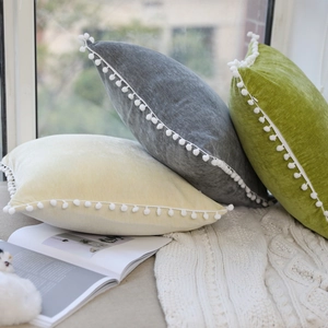 Nordic velvet decorative pillows with white pom-pom edges in gray green and beige