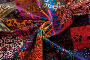 Detailed close-up showing the patchwork texture of bohemian cotton linen door curtain fabric
