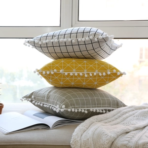 Nordic Geometric Plaid Cotton Cushion Cover With Pom-pom Fringe Decorative Square Pillow Case Without Insert For Sofa Home Decor