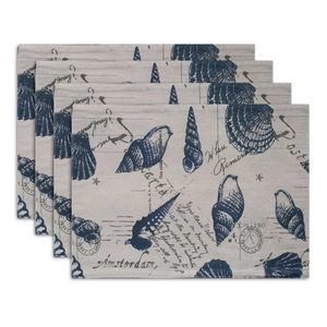 Detail of 4-piece nautical place mats set with seashell prints and vintage scripts
