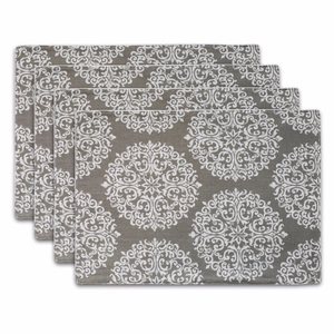 Set of four bohemian mandala placemats in grey jacquard fabric with white patterns