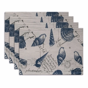 Set of 4 vintage nautical placemats with shell prints and maritime stamps for dining table