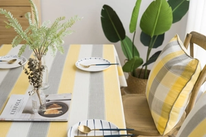 Detail of American style waterproof striped tablecloth and matching plaid cushion texture