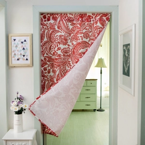 Macro detail of Japanese linen door curtain with red floral pattern and fabric texture