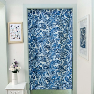 Japanese style door curtain with blue and white paisley floral pattern for home decoration