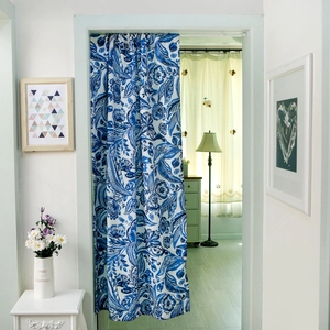 Japanese style blue floral fabric door curtain with white tension rod for home partition