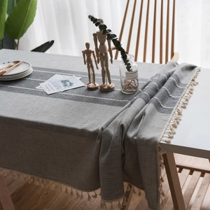 Waterproof linen texture tablecloth with grey stripes and elegant cream tassels
