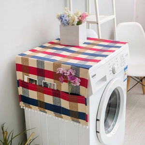 Nordic Plaid Dust Proof Cover For Washing Machine Refrigerator With Side Pockets Pom Pom Trim Polyester Cotton Decorative Top Cover
