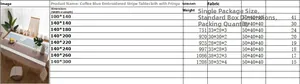 Detailed size chart for Nordic faux linen tablecloth with blue coffee stripes and lace fringe
