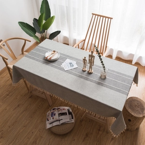 European style grey rectangular tablecloth with white embroidery and tassel details