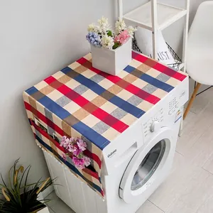 Nordic plaid washing machine dust cover with side storage pockets and tassel trim