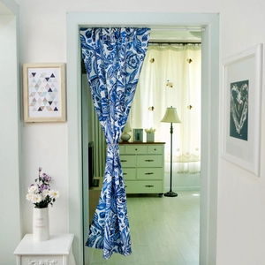 Japanese style blue and white floral door curtain with tie-back in cotton linen
