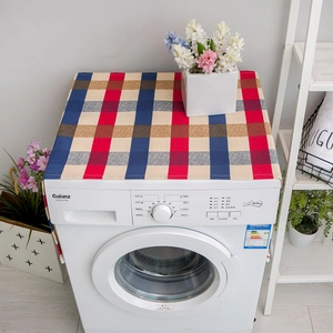 Nordic plaid dust cover for washing machines and refrigerators with a red and blue grid pattern