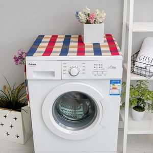 Nordic plaid dust cover for washing machines with modern red and blue patterns