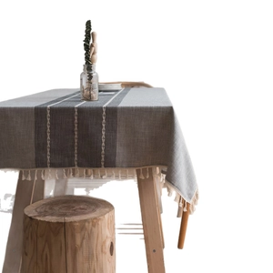 European grey striped tablecloth with elegant embroidery and white tassel fringe